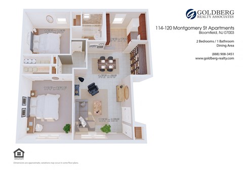 Floor plan for 2 beds, 1 bath, 847 sqft